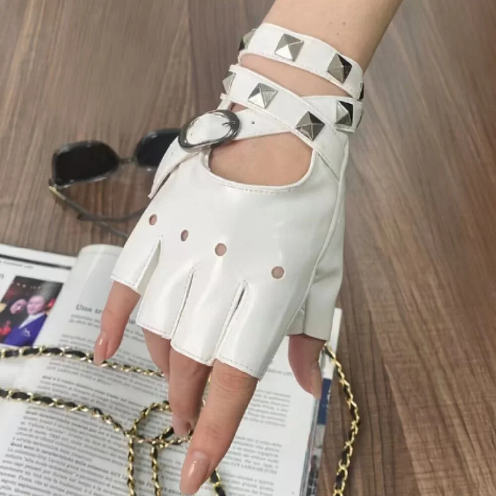 Pu Leather Fingerless Studded White Gloves